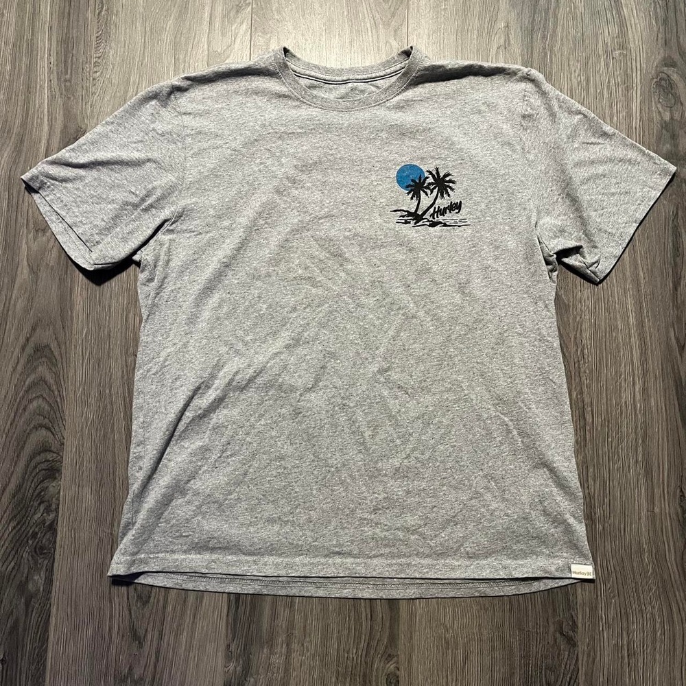 Gray Hurley t-shirt with blue moon and palm trees graphic